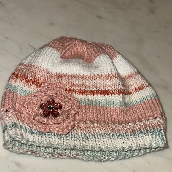 Handmade Other - Charming Pink and White Kids Beanie with Flower Accent